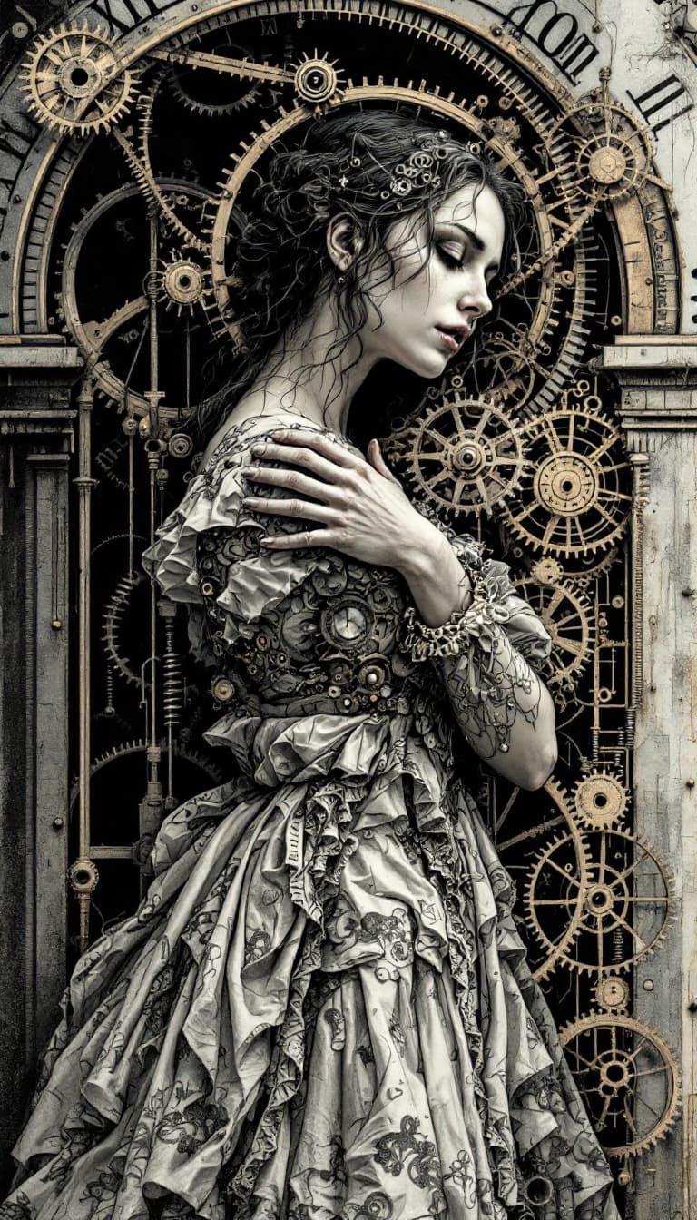 AI generated: 4. A poignant, full-body reflection of a woman trapped within a giant, intricate clockwork mechanism...