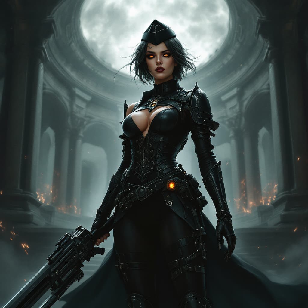 AI generated: artwork in the grimdark style of warhammer 40k of a sexy female comissar, standing infront a gothic ...