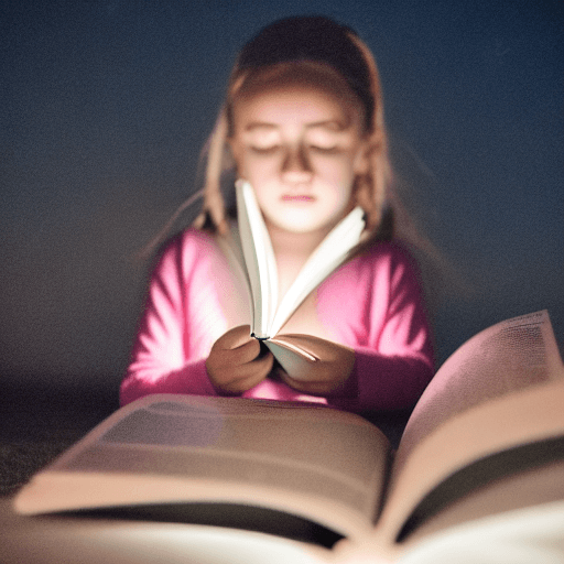 AI generated: little girl read book, moon light, emitting blue light, shallow depth of field volumetric lighting, ...