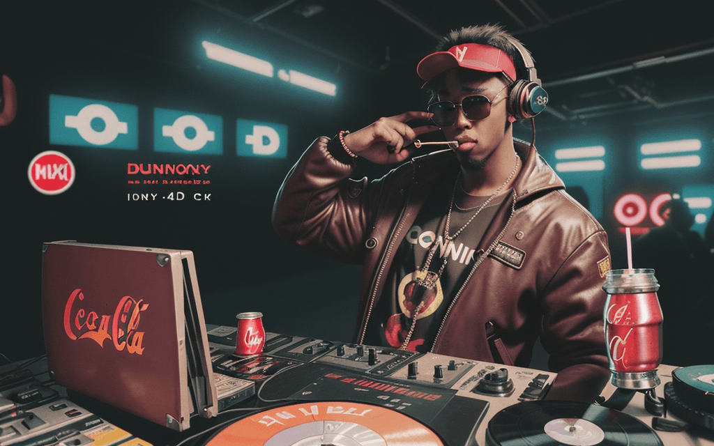 AI generated: DJ, Diddy Kong, Donkey Kong, headphones, sunglasses, cyberpunk, CD, record, cassette tape, genius mo...