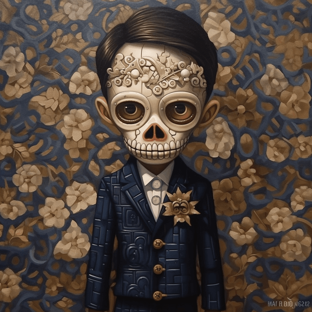 AI generated: pop surrealism painting of boy made of puzzle in David alejandro skull mask, in the style of childli...