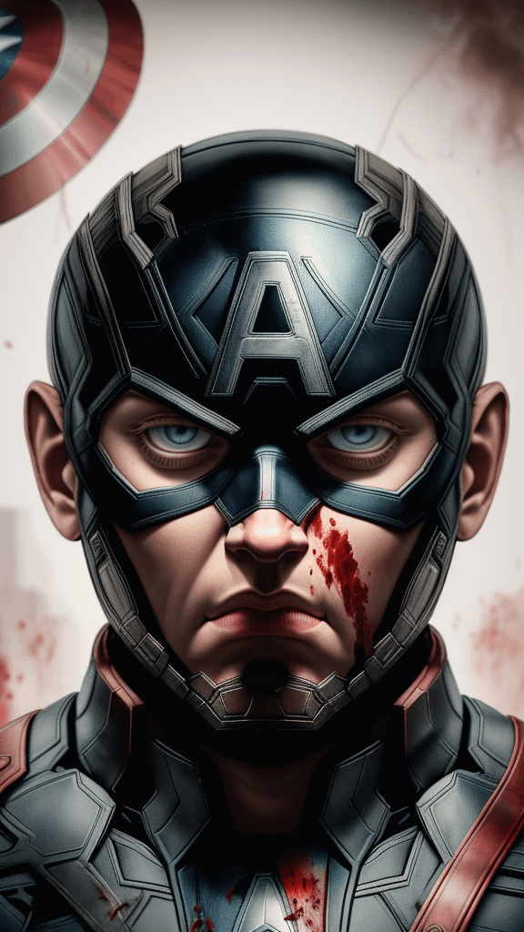 AI generated: a detailed head sculpture of(Captain America) cut off looking at viewer, bloody world, unzoom, ultra...