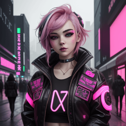 AI generated: Lady with cute face, elegant body, beautiful sleepy eyes, wearing black jacket short, colorful neon ...