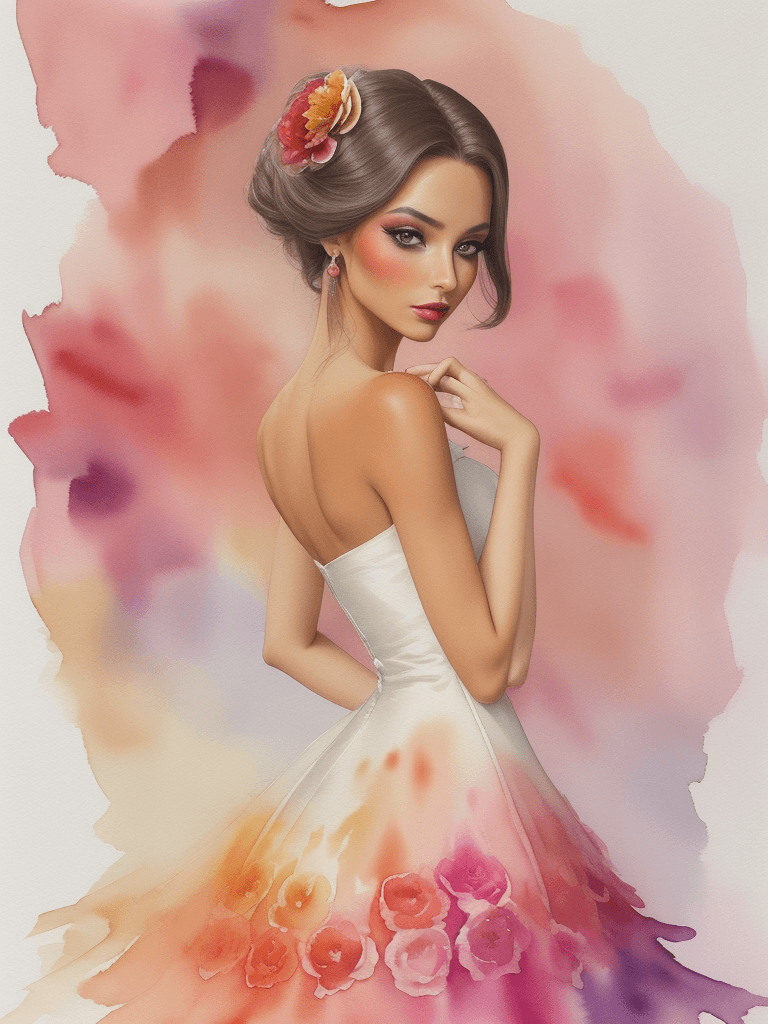 AI generated: A elegant woman wearing a Slatn Dress, colorful, attractive, tanned, watercolor, beautiful as a flow...