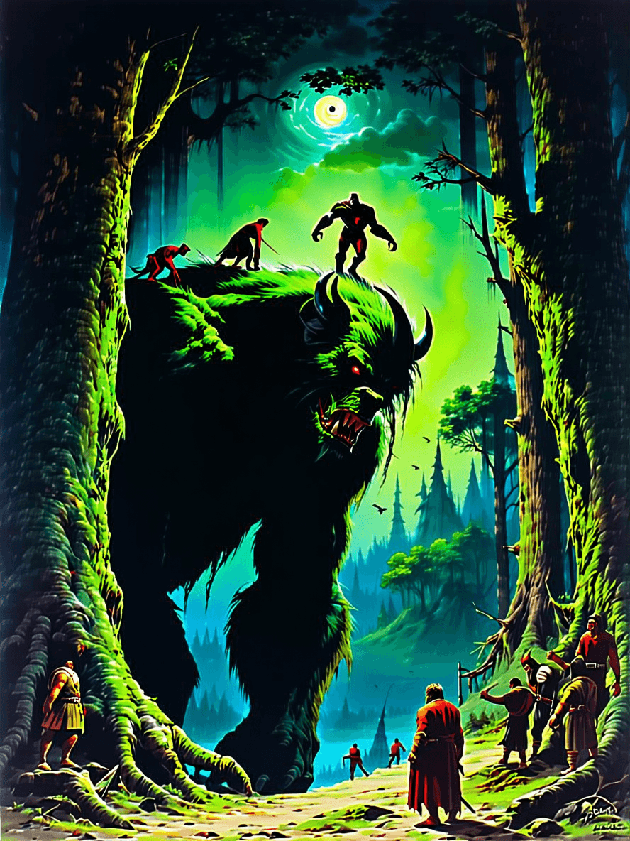 AI generated: Create an atmospheric colourful image depicting the giant Dark Balor, who is as old as a forest, his...