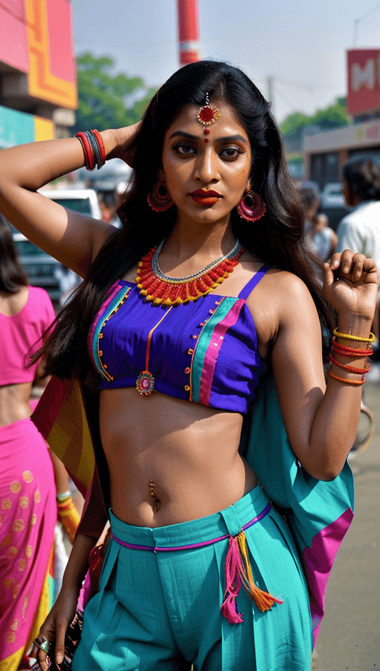 AI generated: Craft a vibrant and nostalgic representation of Indian fashion during the 1980s. Envision a scene th...