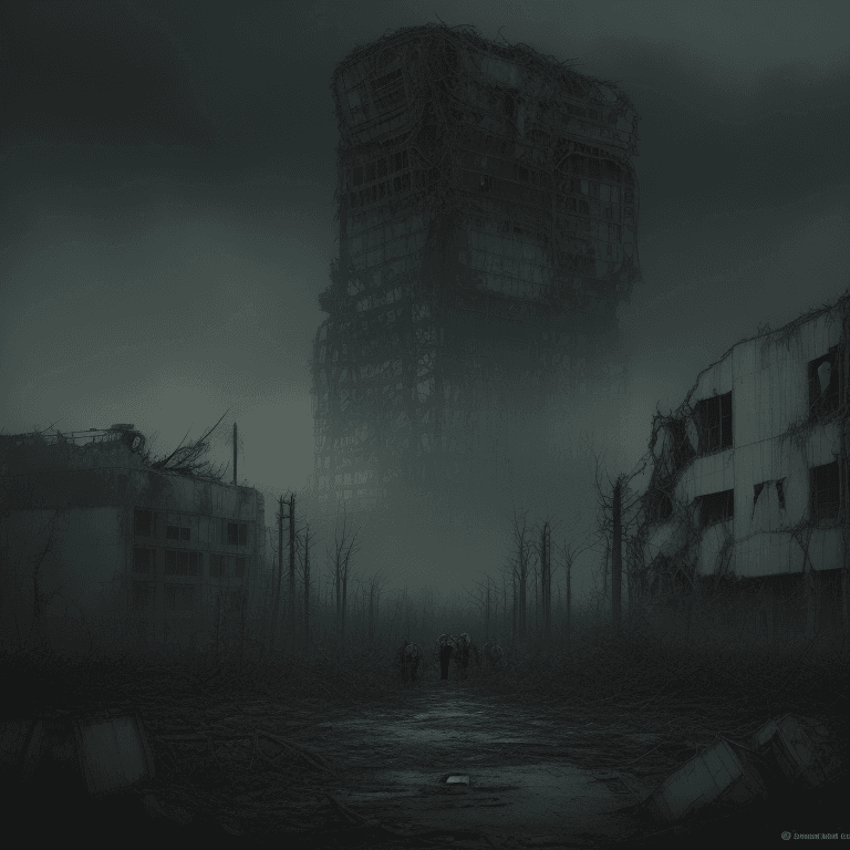 AI generated: movie still, Fukushima Nuclear Power Plant, ruins, mutated creature, collapsed debris, dystopian atm...