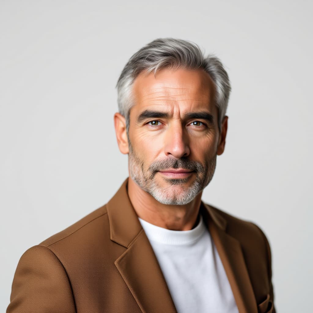 AI generated: Elegant portrait of a 50-year-old white American man, cool-toned skin, receding grey hair, clean-sha...