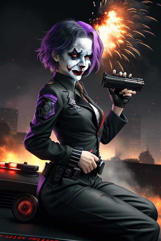 AI generated: Joker, on top of a police car, explosions behind her, fire, chaos, minigun, far view, bullet hell, <...