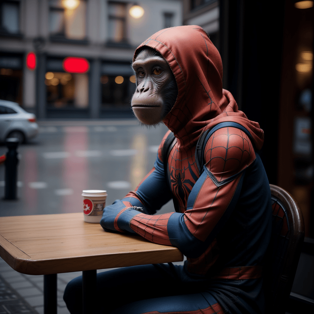 AI generated: a photo of monkey dressed as spiderman sitting outside european restaurant, hooded