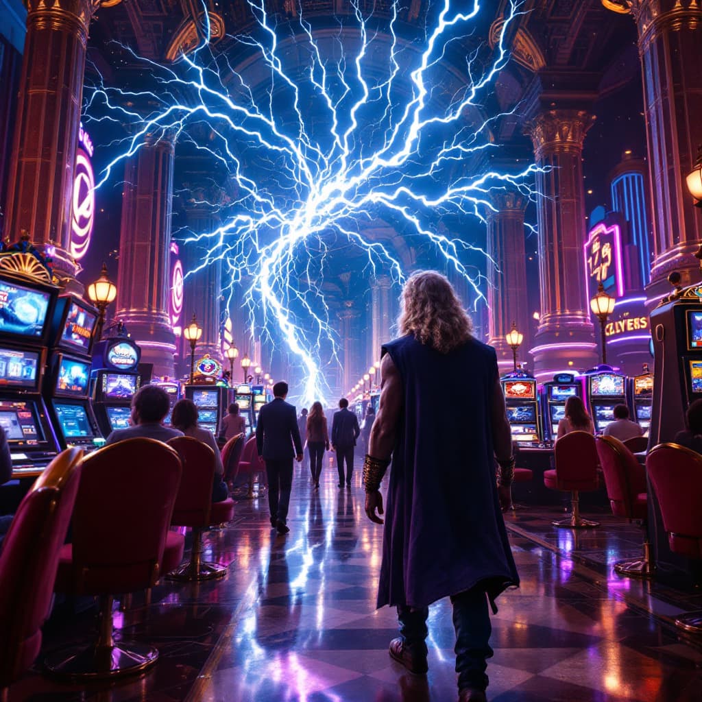 AI generated: Zeus from canonical slot game Gates of Olympus with lightning in hands walking through a Casino in L...