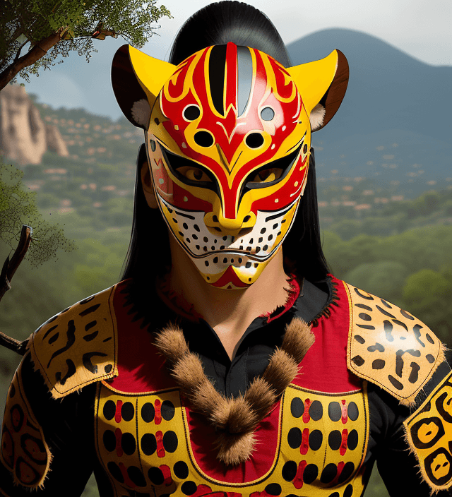 AI generated: jaguar warrior helmet mask with jaguar-style spots, wooden mask, fine wood details, zoque inspiratio...