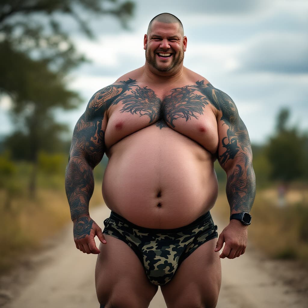 AI generated: Full body image, tall army muscle man, heavily tattooed, slim face, chiseled jawline, shaved head, h...