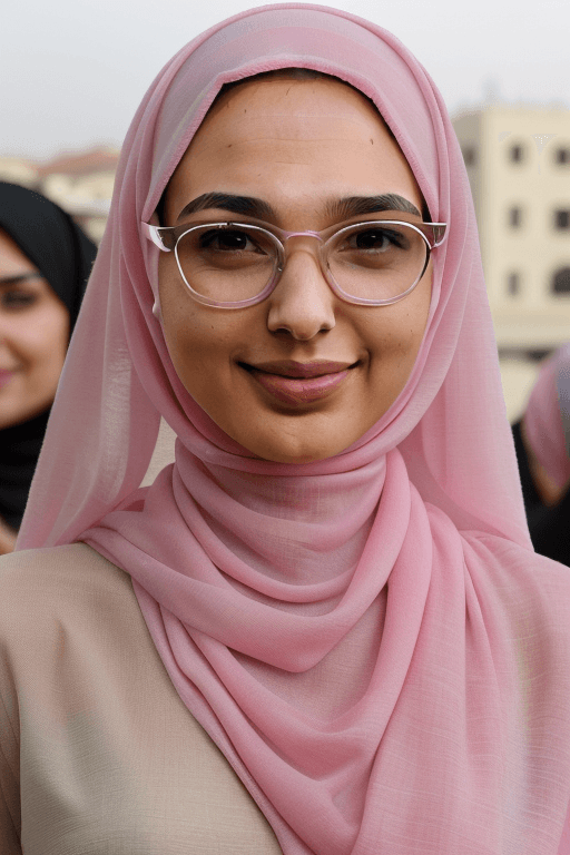 AI generated: gal gadot, cute, beauty muslim women wearing pink color hijab, half body, full body, wearing glasses...