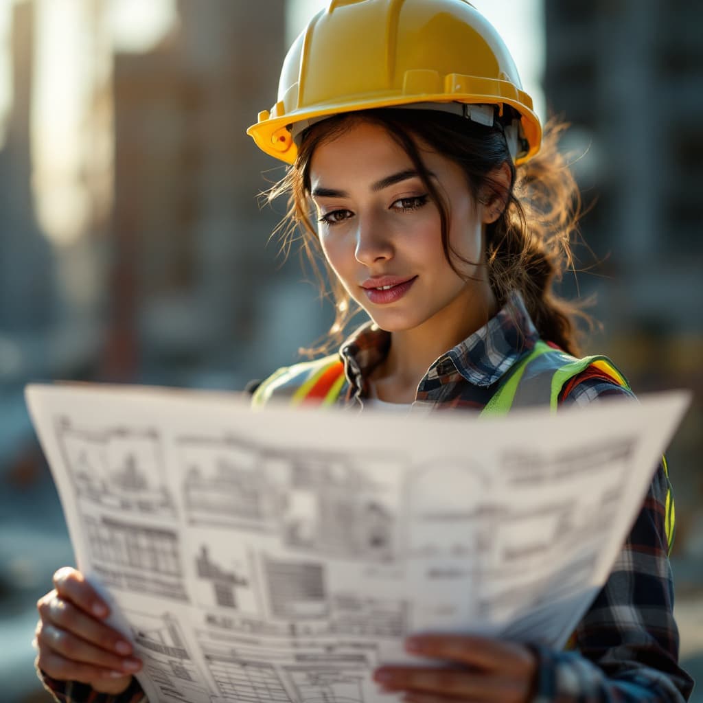 AI generated: Close-up of a 35-year-old South Asian female architect reviewing blueprints on a construction site, ...