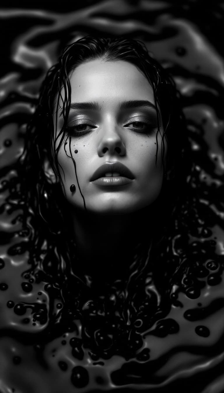 AI generated: a black and white photo of a woman in dark ooze, mert and marcus, drops, kristine froseth, carola ru...