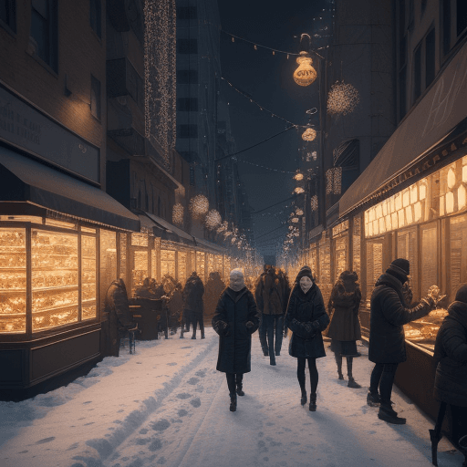 AI generated: People eating food and chilling out in a winter of in streets of new your city, tall buildings, beau...