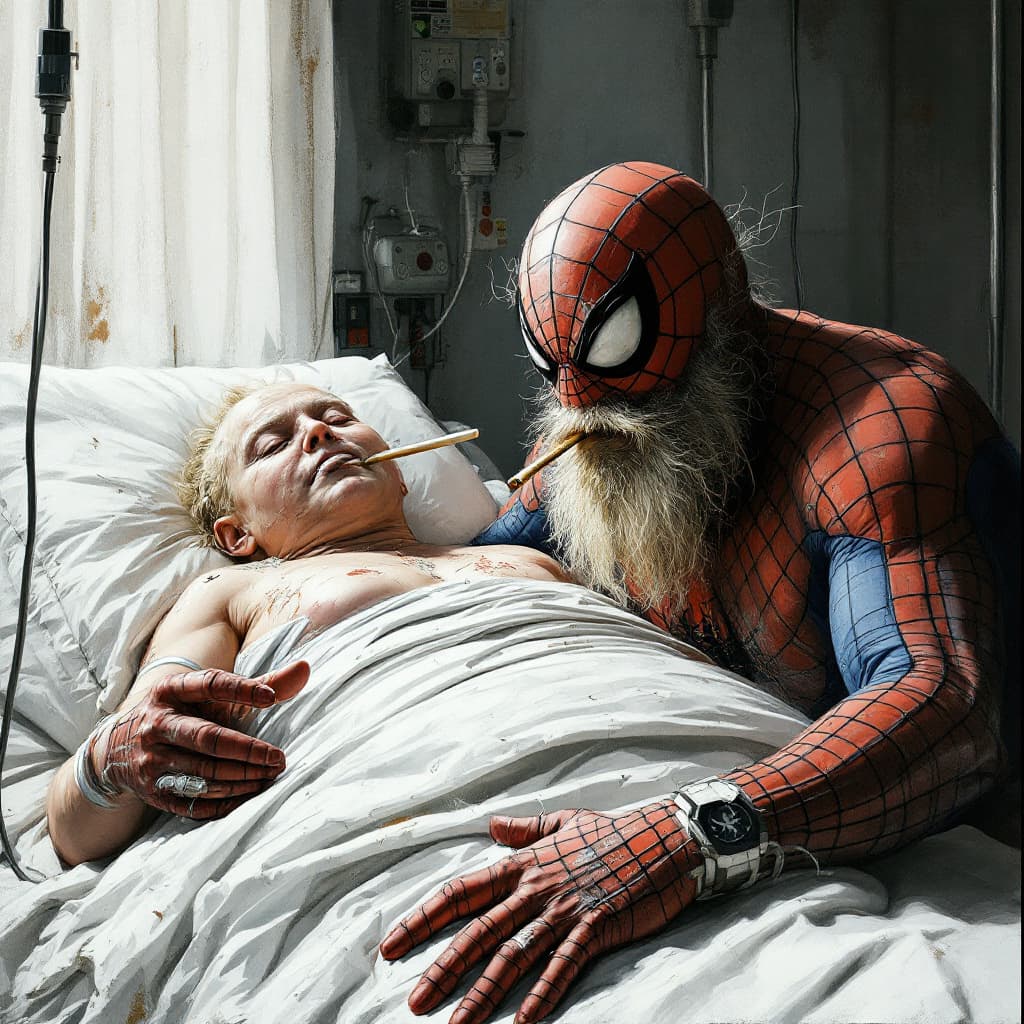 AI generated: 
fat, old spiderman, old hospital , iv treatment. tobacco filter