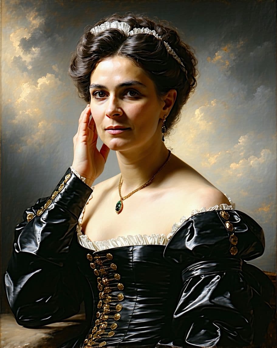 AI generated: 

Neoclassical oil painting of a middle aged woman in the time of Napoleon, pretty eyes, she is touc...