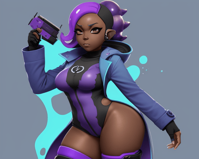 AI generated: Splatoon, octoling, light blue, purple, dark skin, adult, thick thighs, chest, futuristic tech, spir...