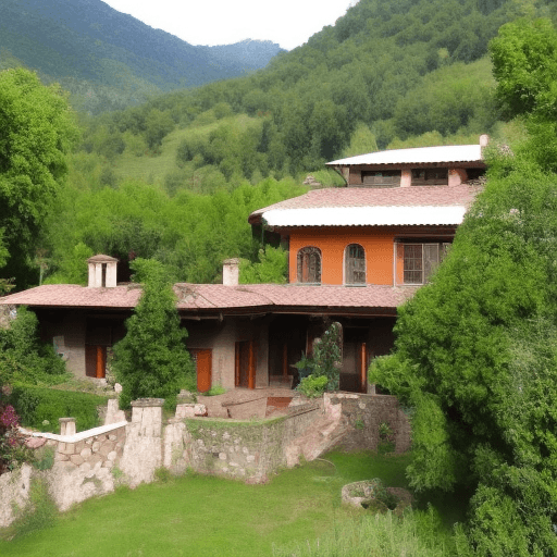 AI generated: An ancient villa in mountains, a cool summer afternoon , green lush gardens, peaceful place, happy, ...