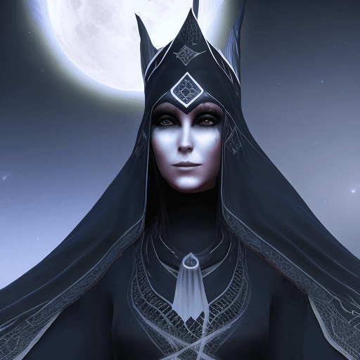 AI generated: pale woman, wearing obsidian black frabric robes with blue runes, wearing a headdress made of onyx b...