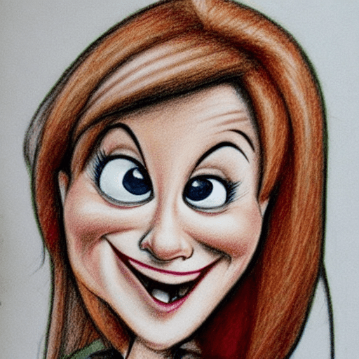 AI generated: Caricatures pencil drawing, cute woman, mid-20's, color pencils, in the style of Pixar, hilariously ...