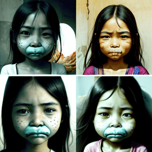 AI generated: the girl's face on the left side is disfigured by ulcers and disease, and on the right side is a bea...