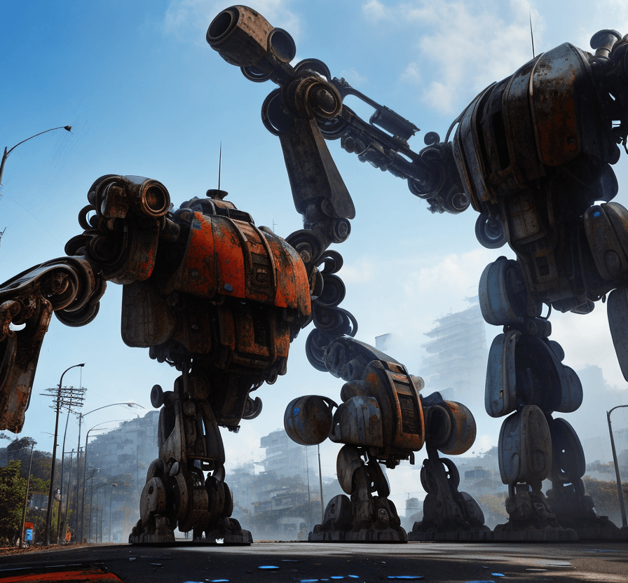AI generated: a  futuristic  rusted big mech is walking in the street in a  favela. Terrified people are running w...