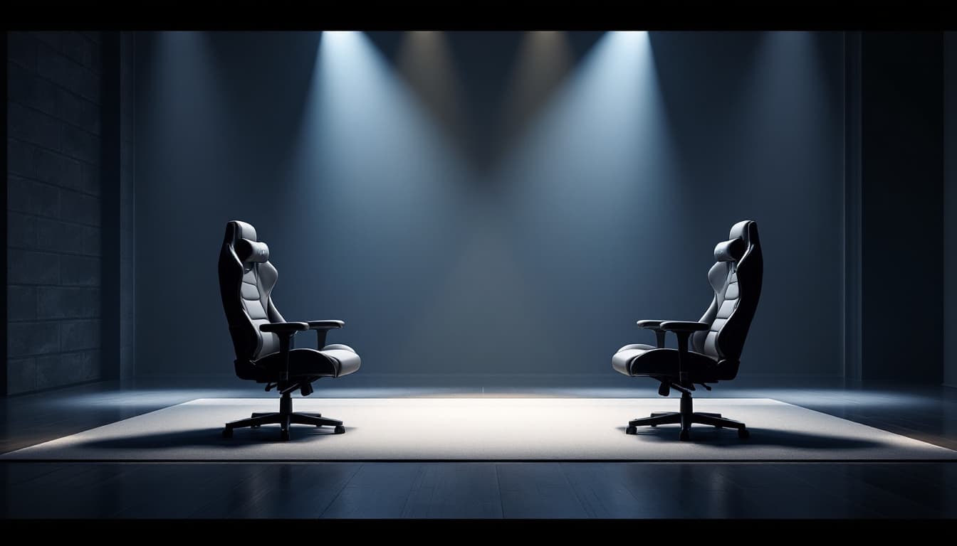 AI generated: 1440 x 880 main background image with shade #1E1E2E in the image there should be 2 gaming chairs fac...
