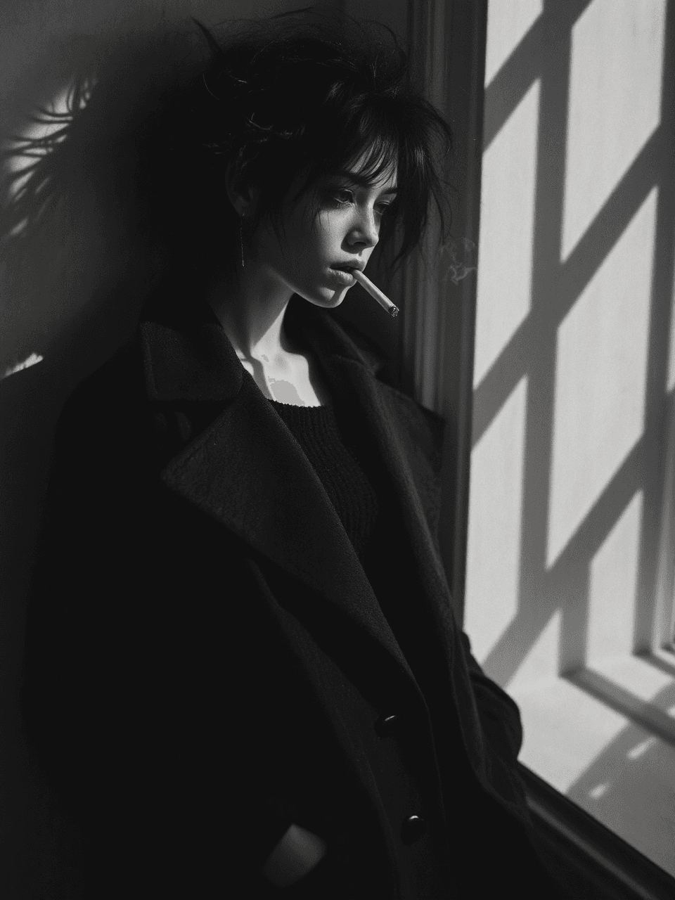 AI generated: Mysterious Atmosphere A black-and-white aesthetic portrait of a stylish, beautiful female with sharp...