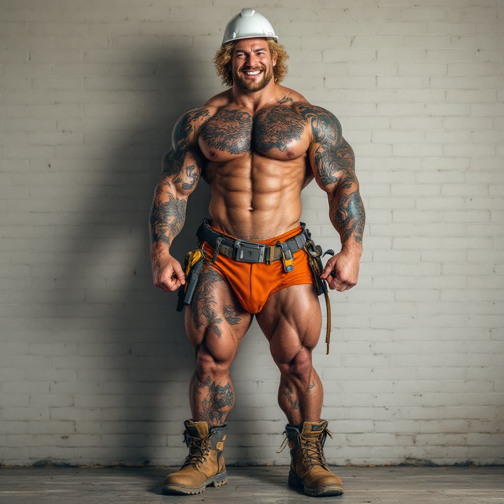 AI generated: Full body image, tall young bodybuilder, heavily tattooed, chiseled face, chiseled jawline, blonde c...
