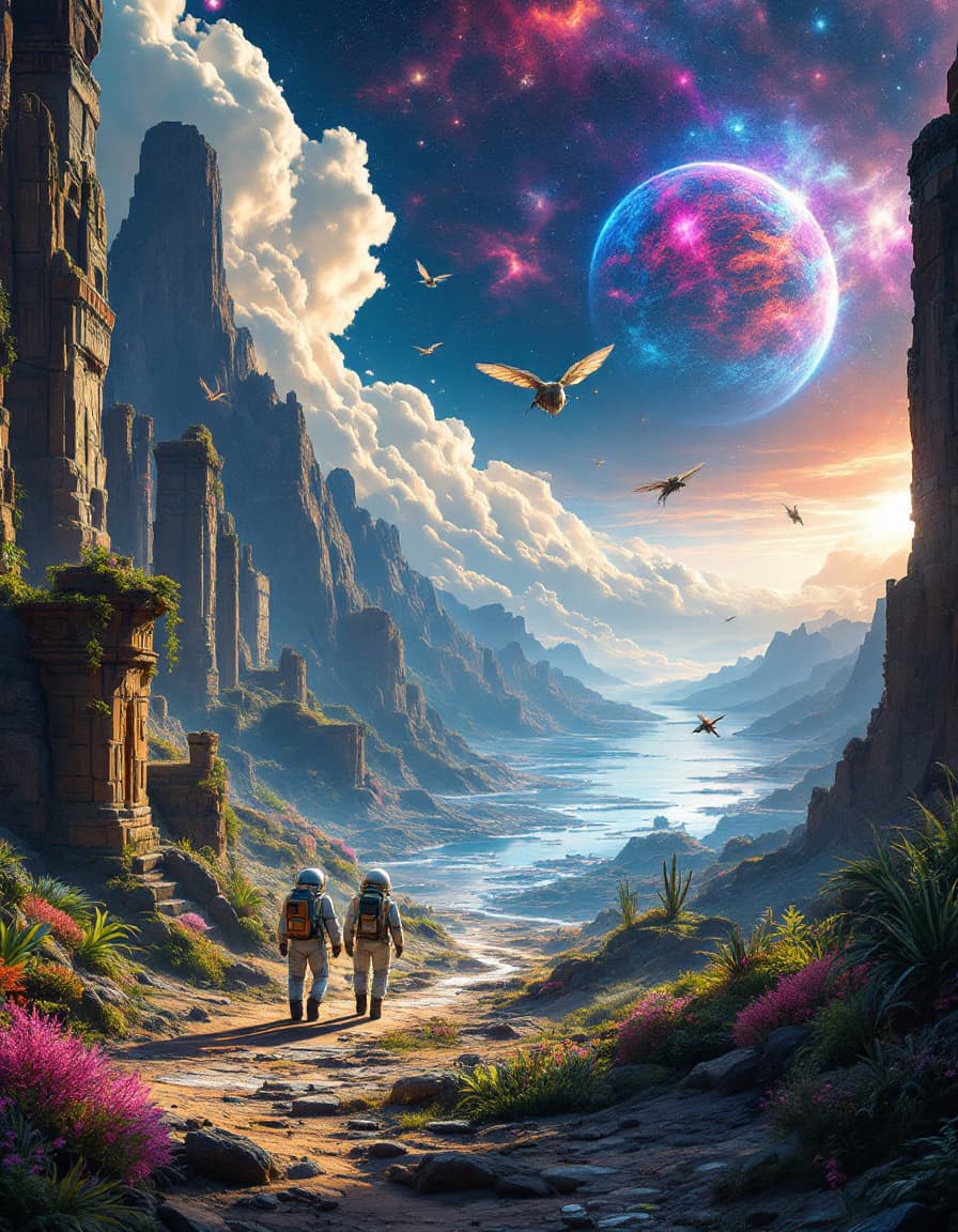 AI generated: extrem fantastic view over an alien landscape on anaother planet ,far away in a distant galaxy,very ...