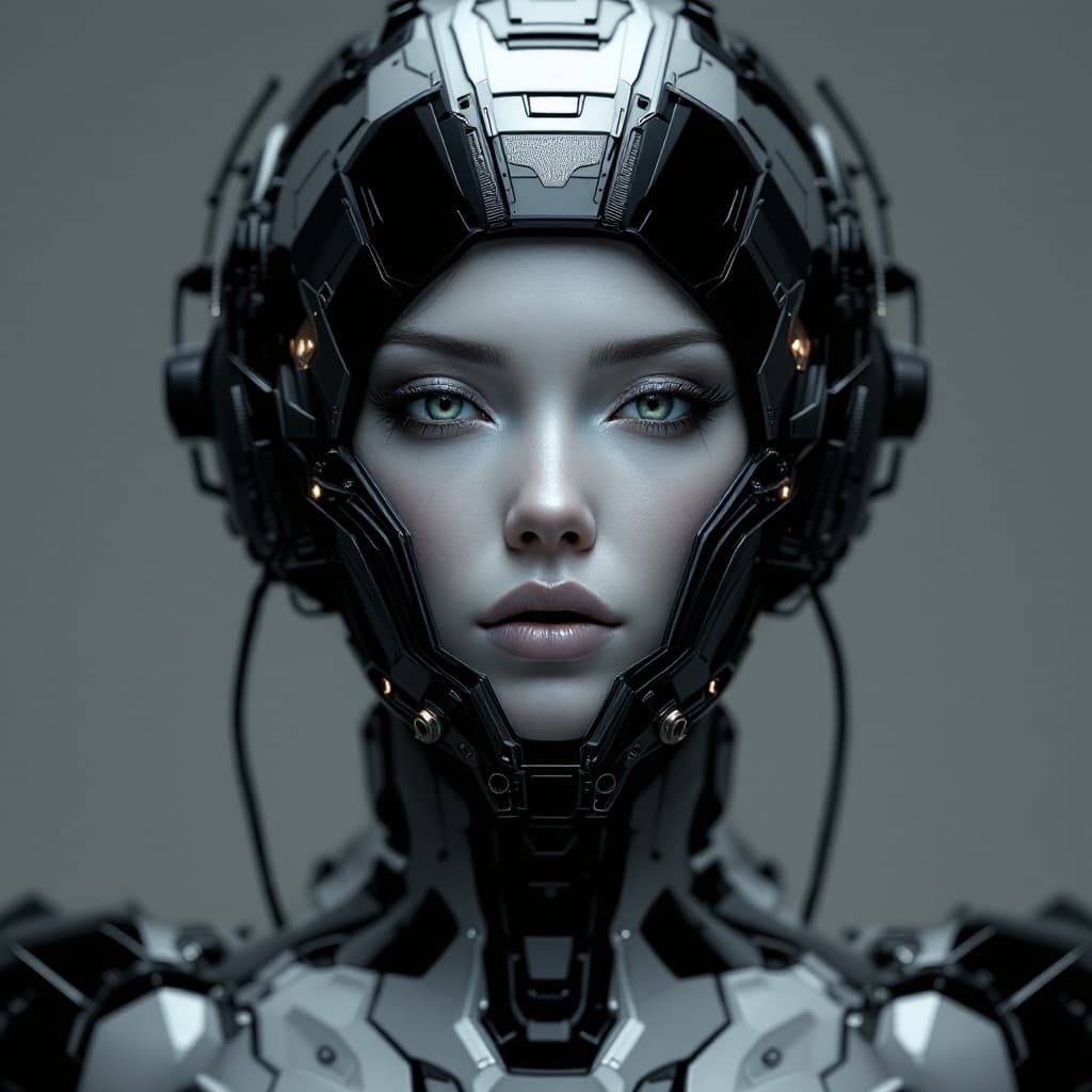 AI generated: an image of a futuristic woman in a robotic head gear, in the style of dark white and dark black, in...