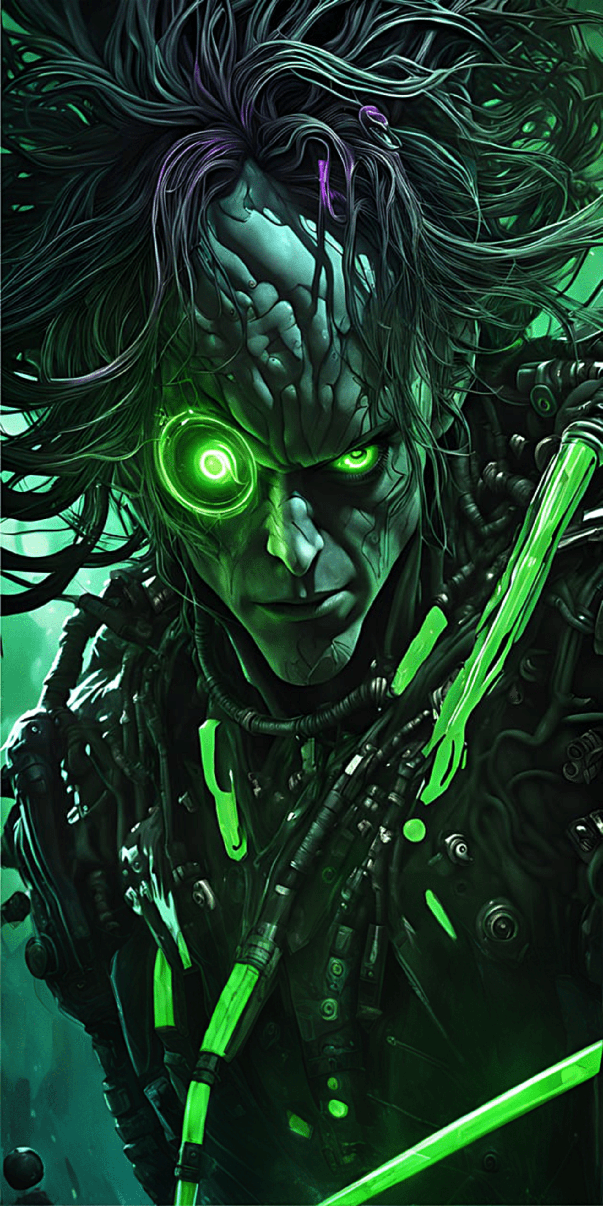 AI generated: Incredible angle view, Madman Mineral Collector, Crazy Look, Green Eyes, Long Hair, Thick Face, Ink ...