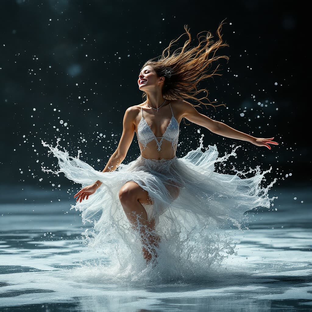 AI generated: A cheerful beautiful girl, dancing, drkms,(full body:1.1), on Thin Ice,drkms, water-bender,charybdis...