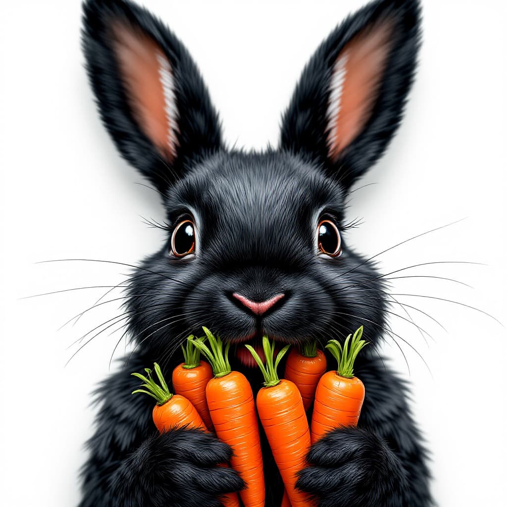 AI generated: assemblage art: 400 pixels. hyper realistic. whimsical black rabbit eating carrots. 3D. white backgr...