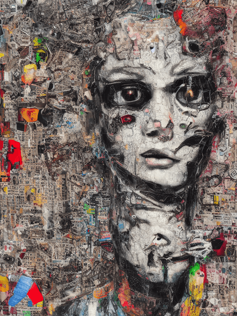 AI generated: Ultra detailed medium portrait painting, computer monitor head with human body, torn up punk poster,...
