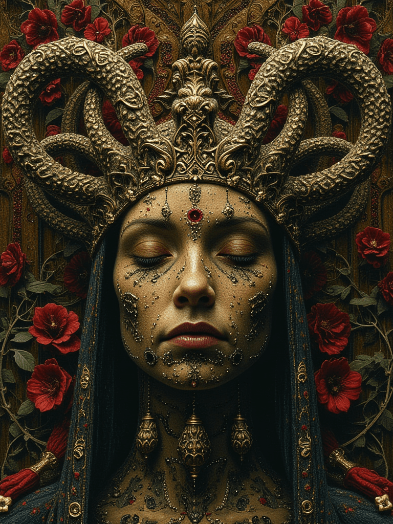 AI generated: The image shows a woman wearing a crown with horns on her head, adorned with intricate designs and s...