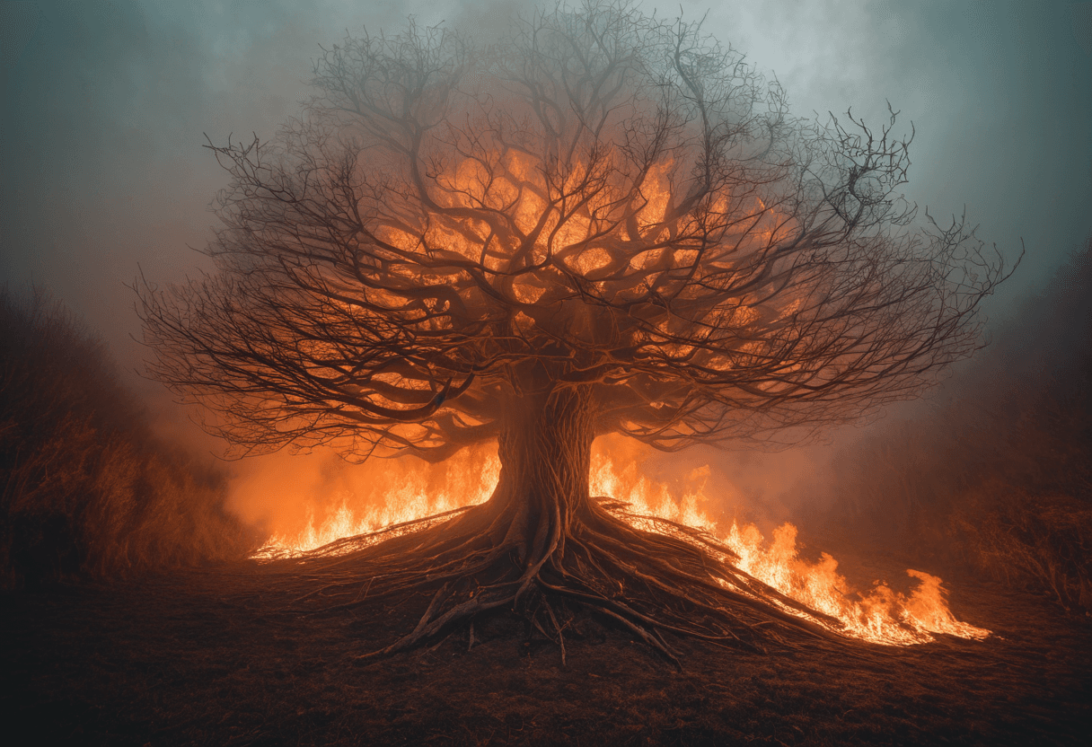 AI generated: wide angle of a Folded Secret tree which flames and fires as branches, Foggy, art by Nicolas Delort,...