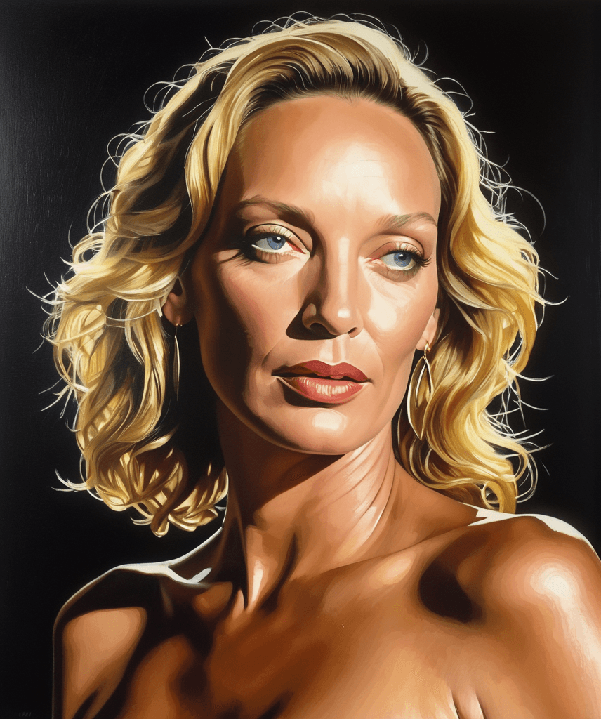 AI generated: portrait of an average woman (uma thurman:1.1) painting, topless, looking away, natural light, backl...
