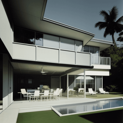 AI generated: Hyper realistic eye level exterior photo of a mid century modern style house overlooking the ocean, ...
