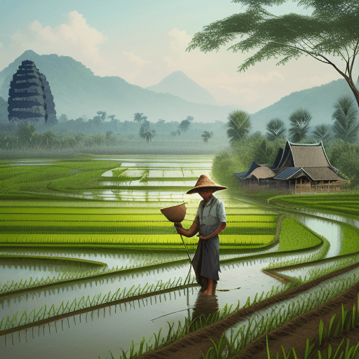 AI generated: Landscape illustration, a farmer tending to his rice field, agriculture book, Khmer Art, set against...