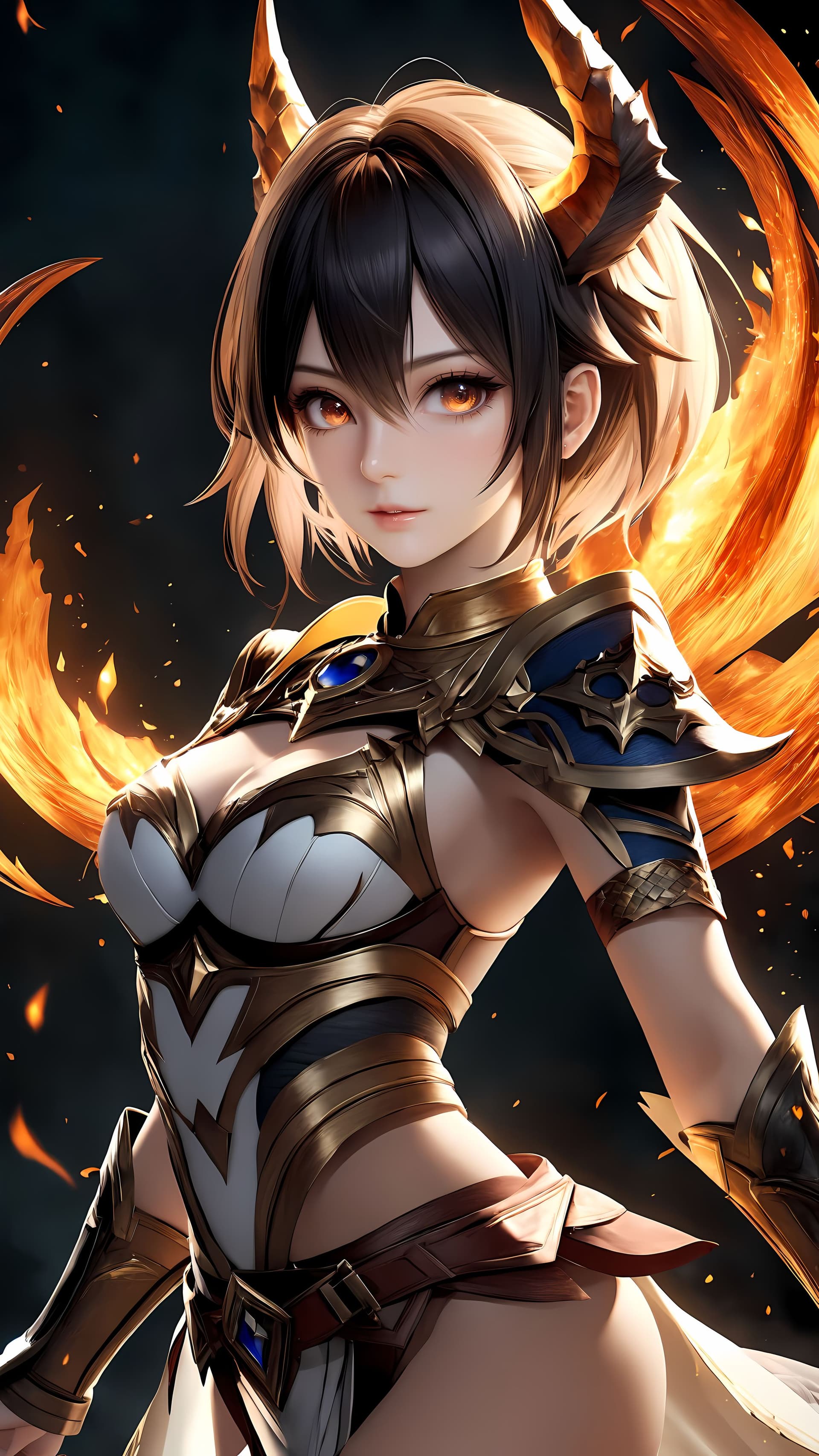 AI generated: Monster Hunter female, white and gold, Glowing eyes, full makeup, luminosity of background, Whirlwin...
