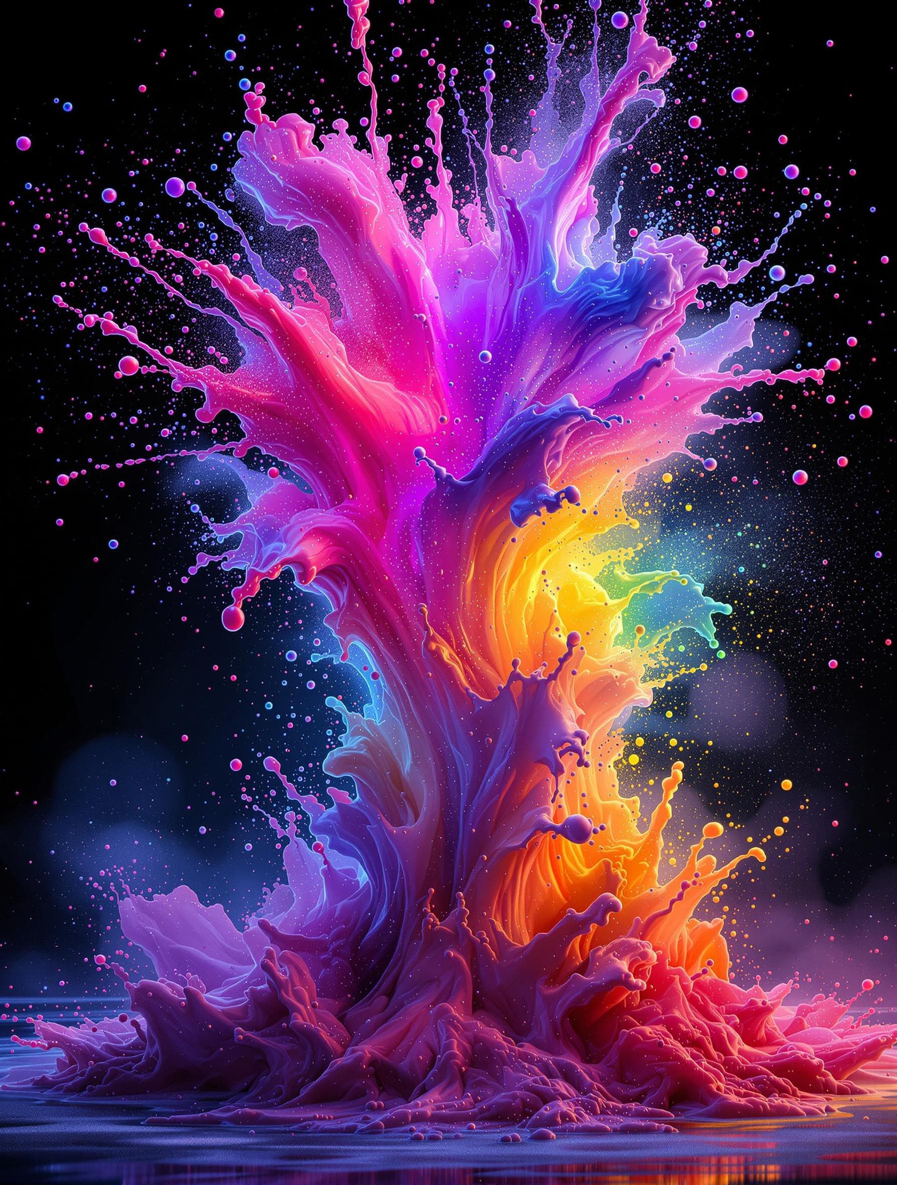 AI generated: hyper realistic glowing holographic milky fluid explosion, drip, splashes, powder, smoke, black back...