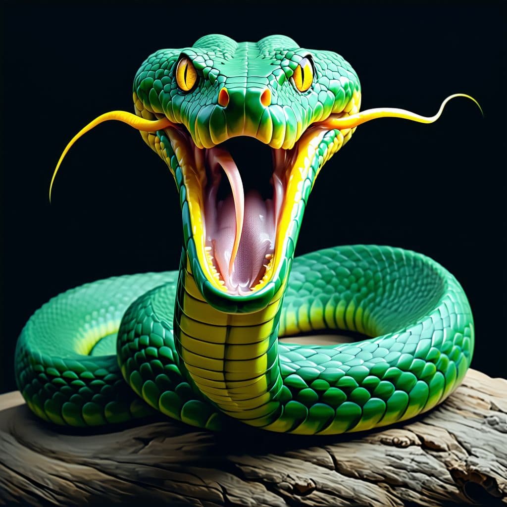AI generated: A green and yellow snake with its mouth open, hyper-realistic animal illustrations, detailed charact...