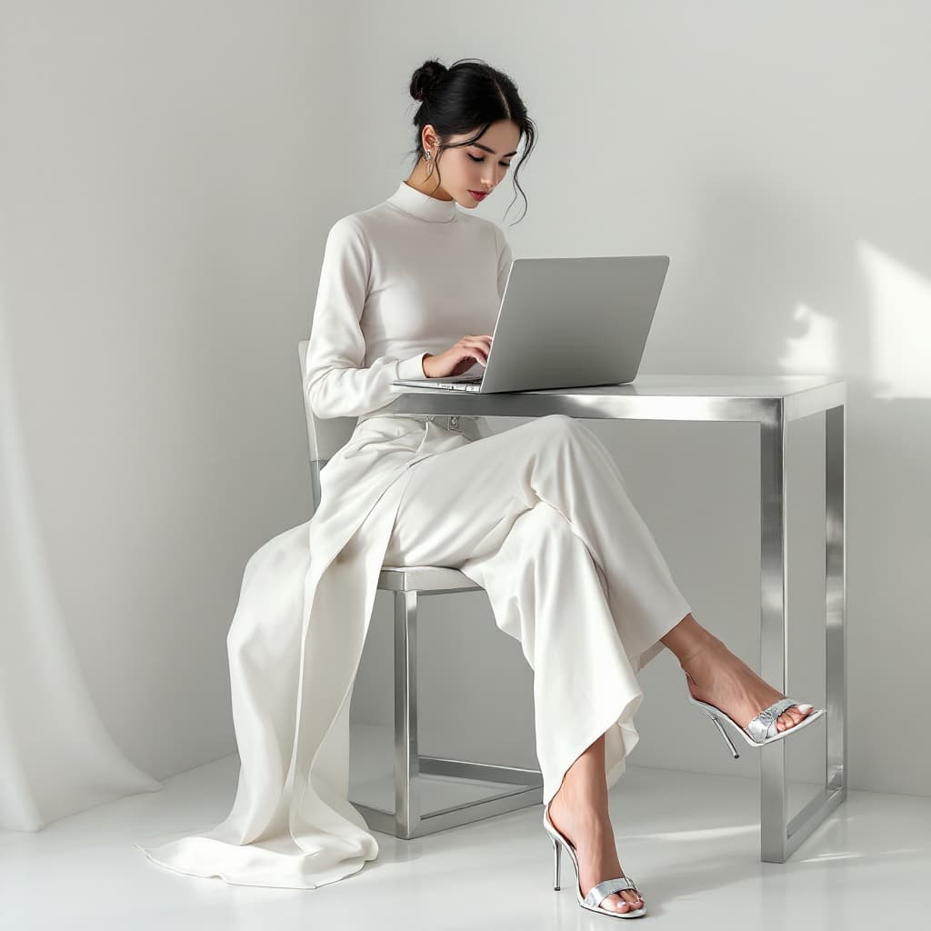 AI generated: create an image of a young Korean female model with black hair in a low bun like Bella Hadid, captur...
