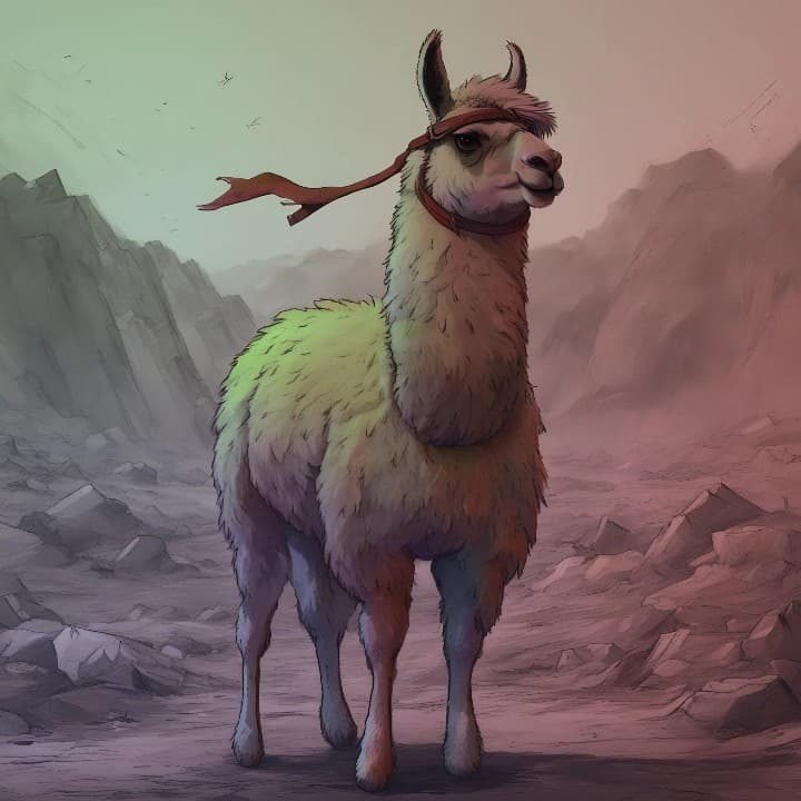 AI generated: a llama with the chaos of a battlefield. Picture a llama standing tall amidst the turmoil, armed wit...