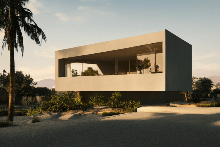 AI generated: small modern villa,Brown cubic architecture, Bauhaus and Futuristic architecture style, sunrise, No ...
