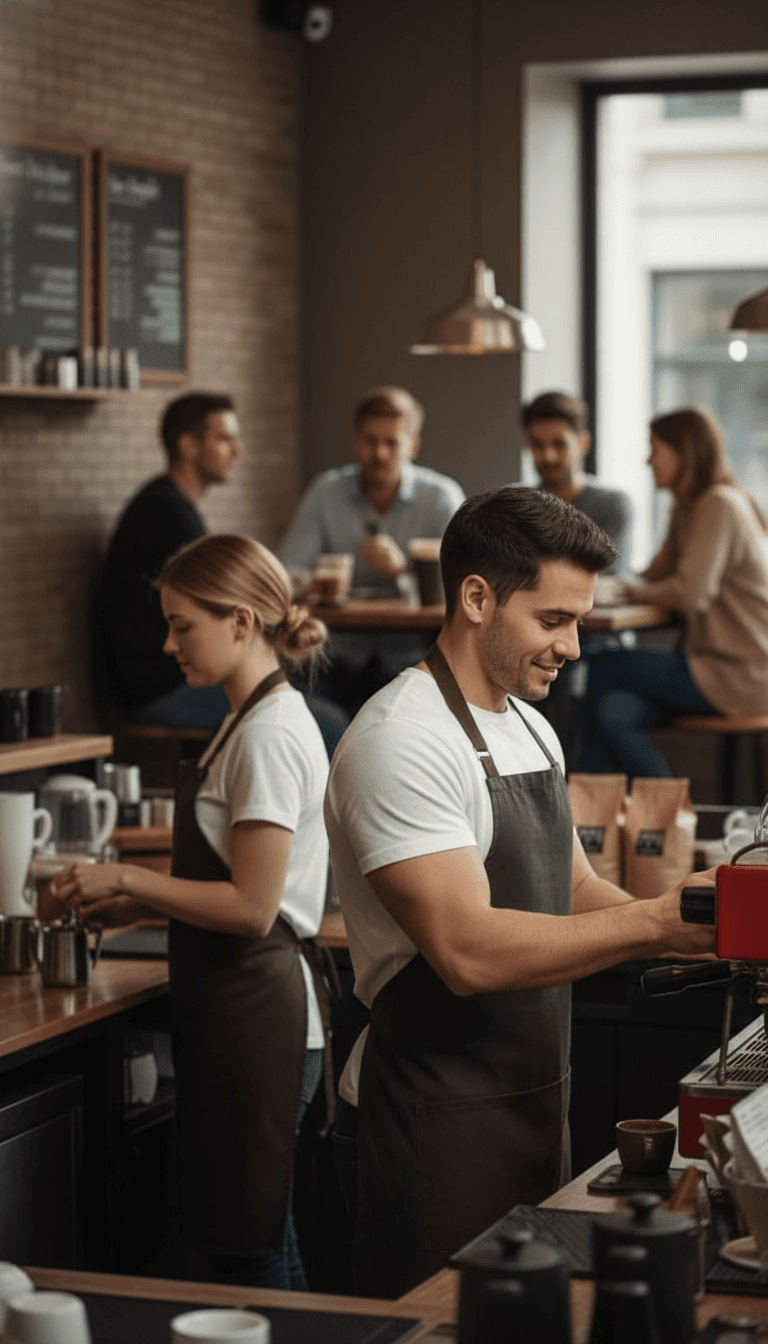 AI generated: At a coffee shop, a female blonde barista 5'5" tall behind the bar. Male Hispanic barista 5'2" tall ...